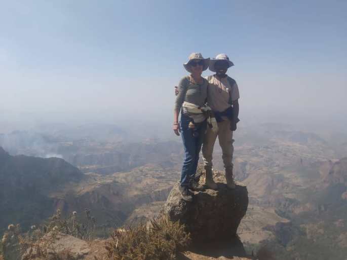 Mountain top, two people in Simien Mountains